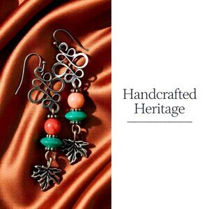 Stacked Beads + Copper Filigree + Maple Leaf Earrings - Unique Autumn Earrings